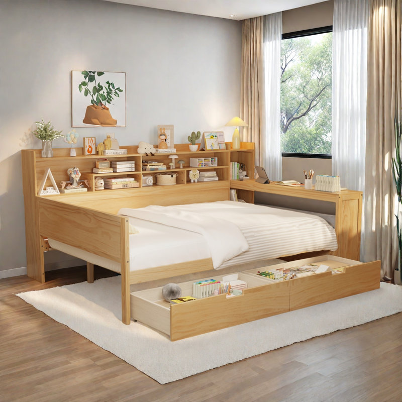 Multifunctional Wooden Daybed With Storage Shelves, Study Desk And 2 Drawers, Natural, Full