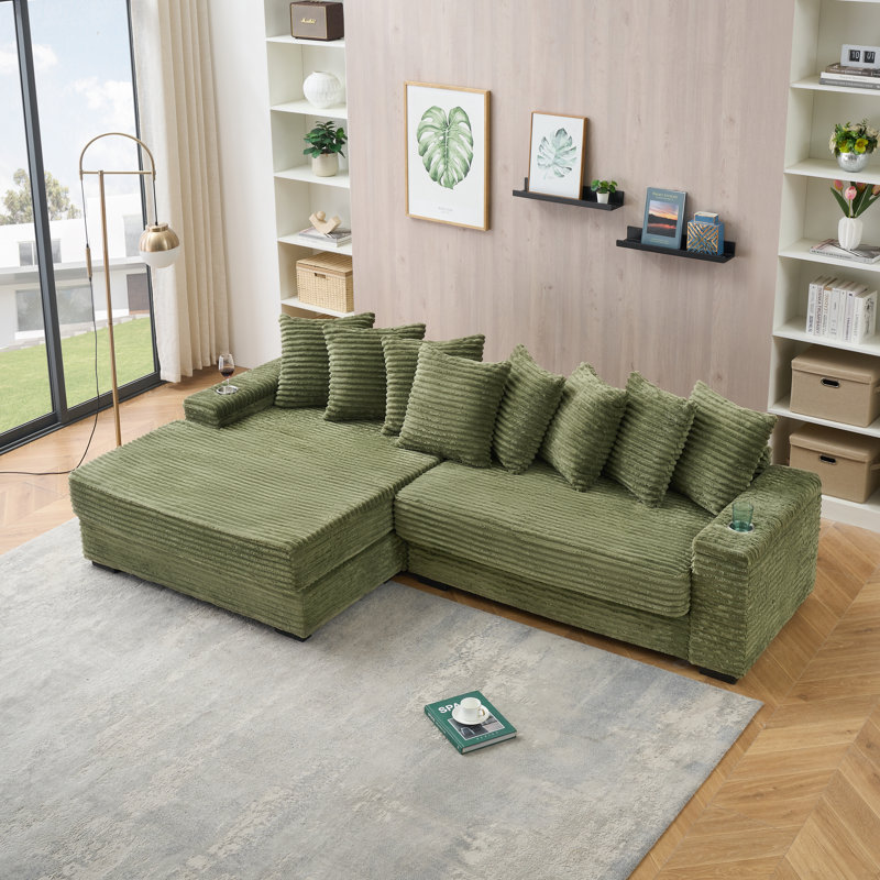 Chaise longue réversible de 111 po avec porte-gobelets, Velours côtelé vert