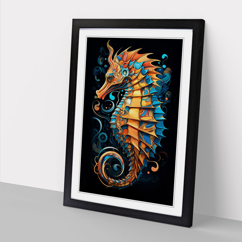 Seahorse Geometric - Framed Print, 46cm H x 34cm W x 2cm D, Black 