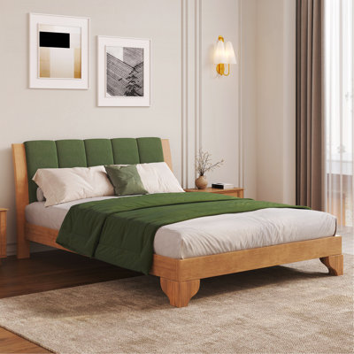 Cadre de lit grand en bois de pin de qualité supérieure, cadre de lit grand avec tête de lit inclus, lit moderne de style Mid-Century, couleur naturelle et verte