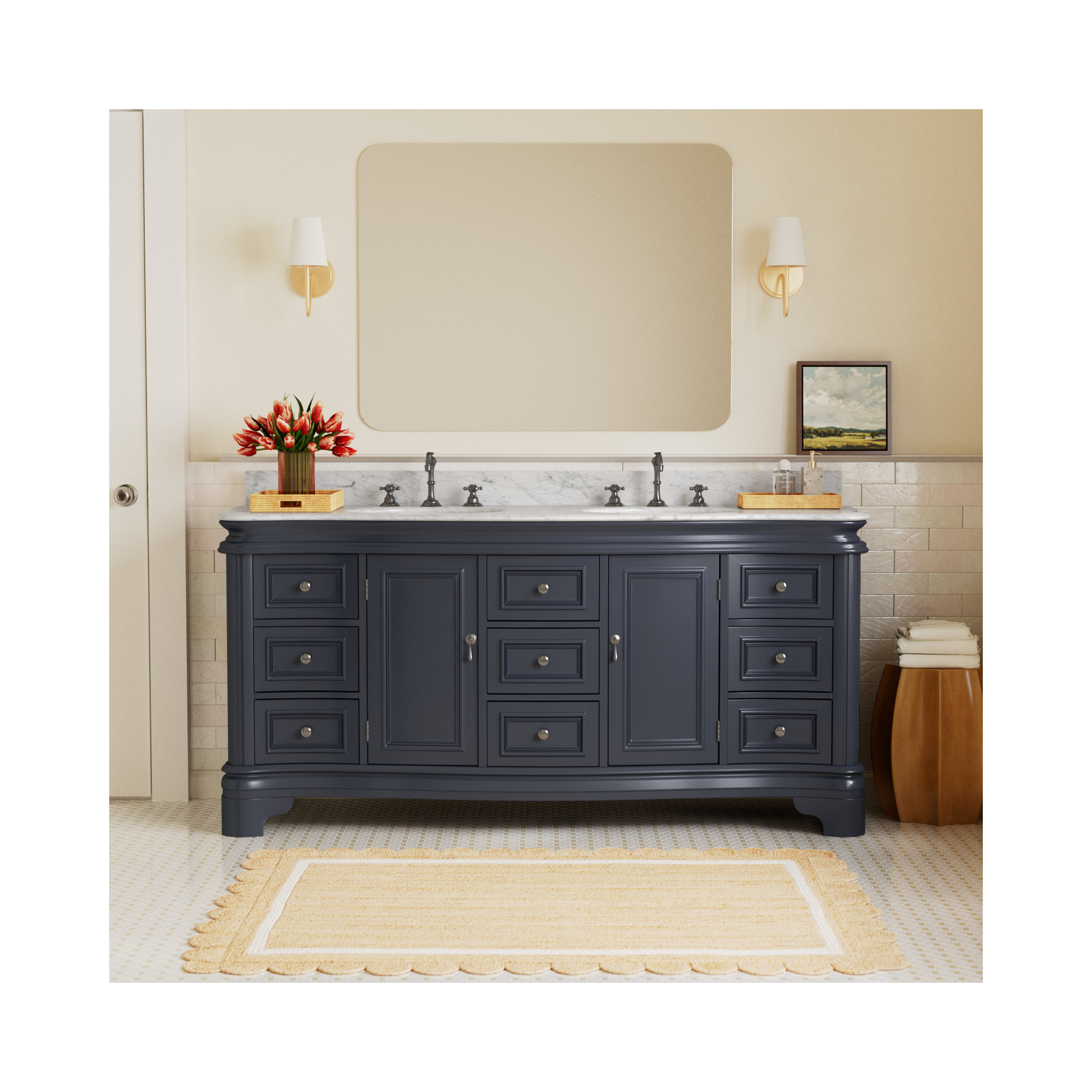 Twain 72" Double Bathroom Vanity Set, Marine Gray, Carrara Marble