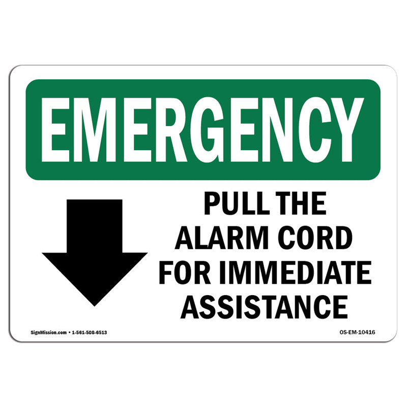 Tirez sur le cordon de l'alarme pour un signe d'urgence immédiate, H 12 po x l 18 po x P 0,1 po