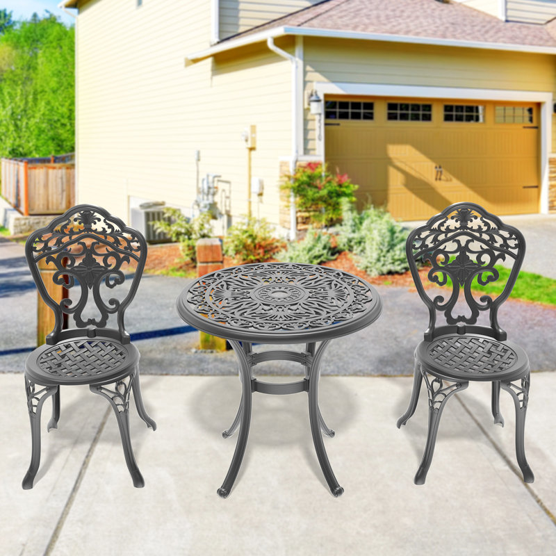 Black 3 All-Weather Cast Aluminum Dining Mixture . Elaborate Carving Work, Magnificent Display. 100% Build, And Stable. To Challenging Circumstances. Ergonomic Seating Enjoyment. Pa66 Nylon Slip Pad.