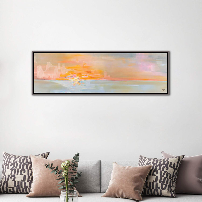 «Sunset II», reproduction panoramique, H 20 po x l 60 po x P 1,5 po, Toile encadrée de bois rustique foncé