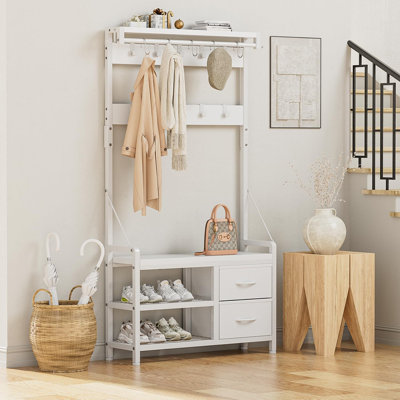 31.5-Inch White Entryway Bench With Coat Rack, Can Be Placed Independently; 5-In-1 Smart Design Shoe Bench And Wall-Mounted Rack With 17 Hooks And Dra by Latitude Run