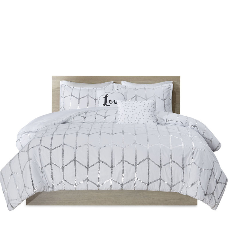 Édredon pour lit simple / simple TG - blanc avec motif géométrique métallique argenté, doux, 2 taies décoratives, coussins décoratifs, literie empaquetable à motif géométrique sur fond blanc, tissu froissé