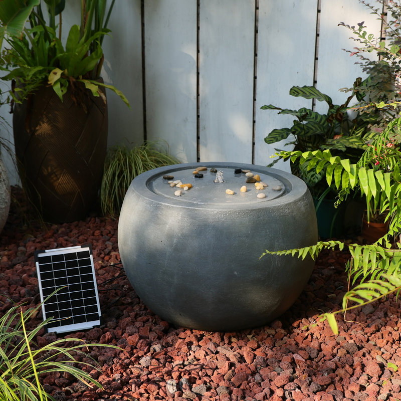 18" Solar Garden Bubbler Waterfall Fountain with LED Lights & Pump, Spherical Basin Fountain  for patio, deck & yard, Grey