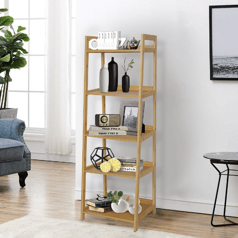 Wood Bookcase Ladder Bookshelf Shelving Unit, Natural, (5 Shelves) 51.6"H x 17"W x 13.5"D