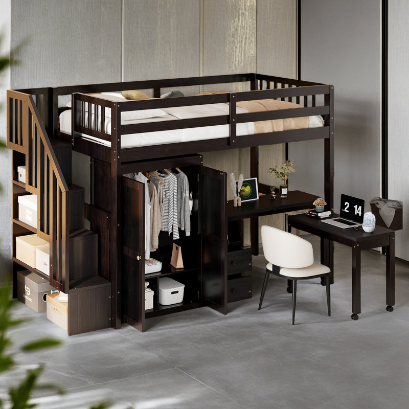 Lit mezzanine avec escalier, Lit simple, Espresso