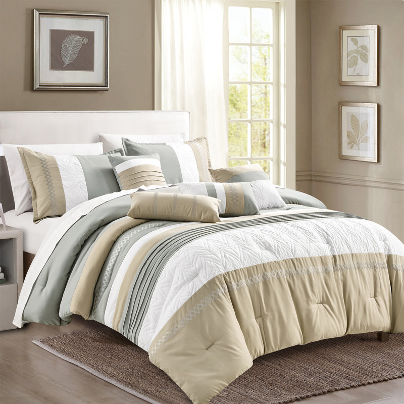 7 Pieces Embroidered Comforter Set Modern Color Block Patchwork Bed in A Bag, Queen Comforter + 6 Additional Pieces