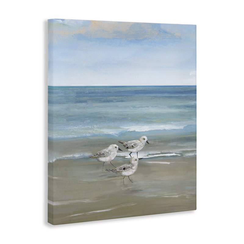 Trois oiseaux de rivage et toile douce vagues, design par Nan, H 48 po x l 36 po