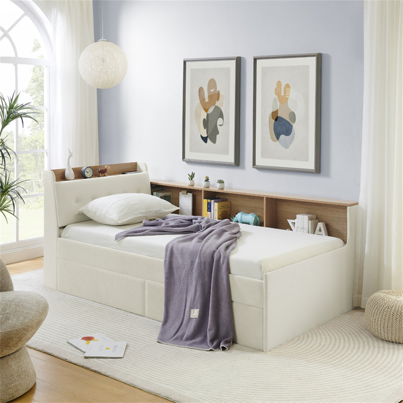 Upholstery Velvet Day Bed With Storage Headboard And Wireless Charging, Beige