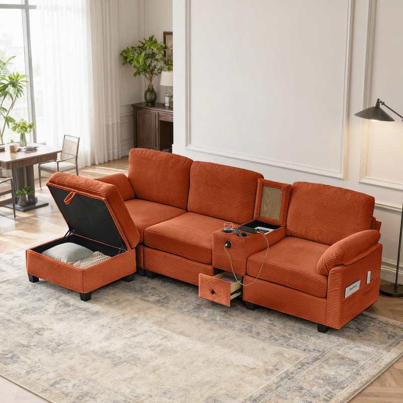 Canapé modulaire moderne en velours côtelé avec repose-pieds, porte-gobelets et ports de chargement USB