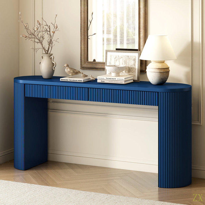 58.2" Entryway Table With Large Top And Dual Drawers,Console Table With Arched Sturdy Legs Stripe Design,Pine Veneer Sofa Table With Adjustable Feet For Living Room, Hallway,Foyer, Kitchen