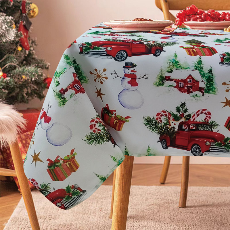 Seasonal Xmas Christmas Holiday European Attraction Frosty Delights Snowman Trucks Pattern, Polyester Woven Printed Fabric, Multi , Seats 10 to 12 people, Rectangular Tablecloths