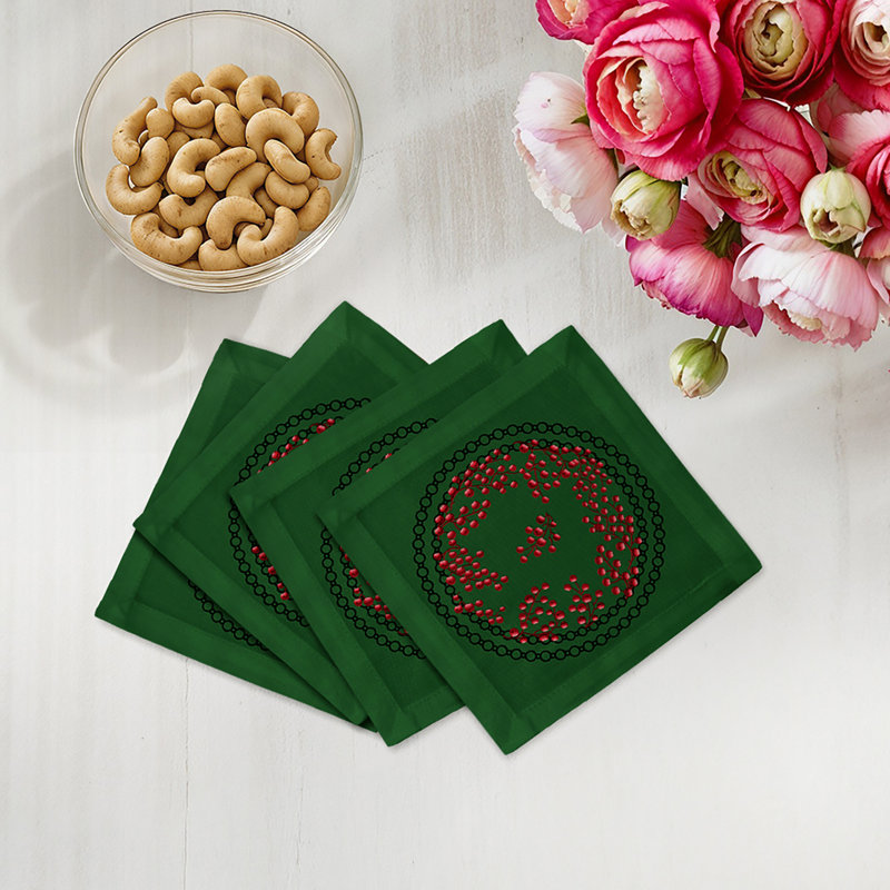 Christmas Berries Cotton Sateen Cocktail Napkins, Red Green