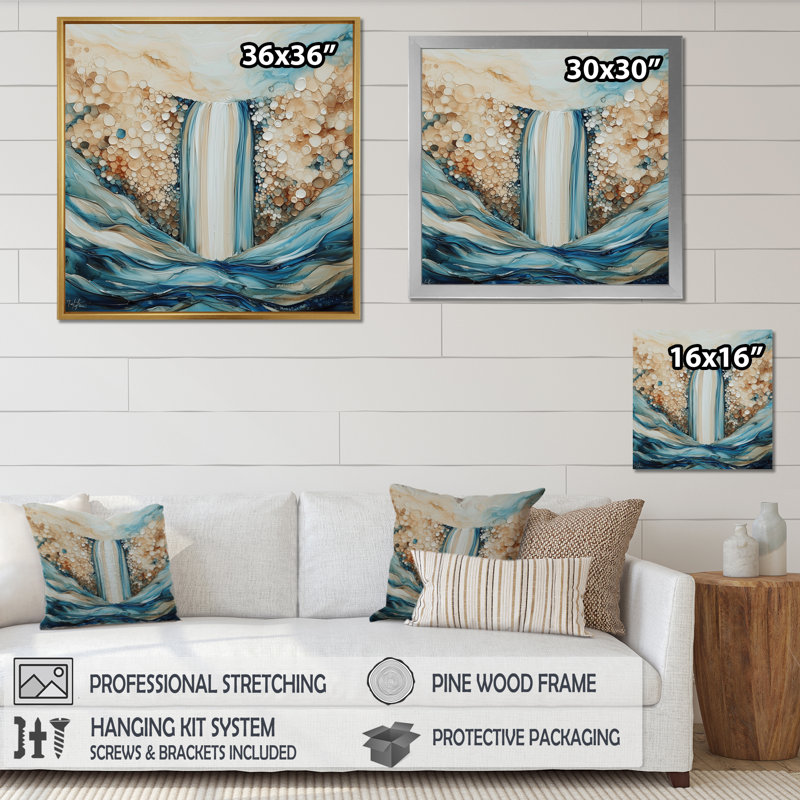 «Majestic Waterfall In Summer II» - art mural cascade, Floater Framed Print without Mat, 30" H x 30" W, White