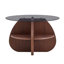Table basse ronde avec plateau en verre trempé gris et base de rangement en noyer pour les salons