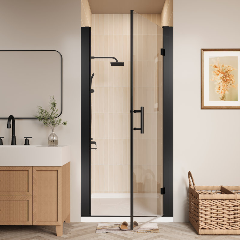 Porte de douche à charnière pivotante sans cadre avec verre transparent 34 "- l 36" x H 72 ", Noir mat