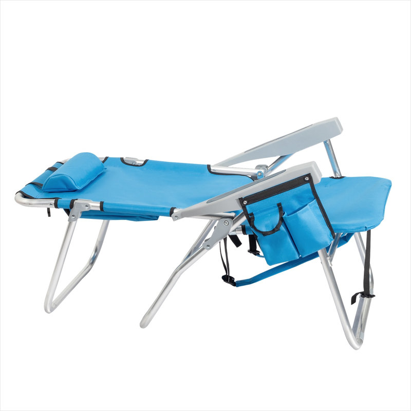 Chaise de plage pliante à assise haute avec dossier réglable en 5 positions et capacité de 100 kg, cadre en aluminium au fini bleu pour le camping et les pique-niques