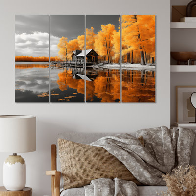 Yellow Lakehouse Reflections Of Serenity I - décoration murale chalet Lake House - 4 panneaux