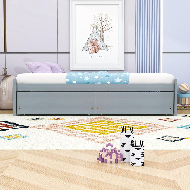 Yunet Twin Size Wood Platform Bed with 2 Drawers, Gray