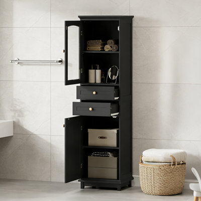 Grande armoire de rangement 63 po moderne avec portes en verre, tablettes réglables et deux tiroirs - Vitrine autoportante