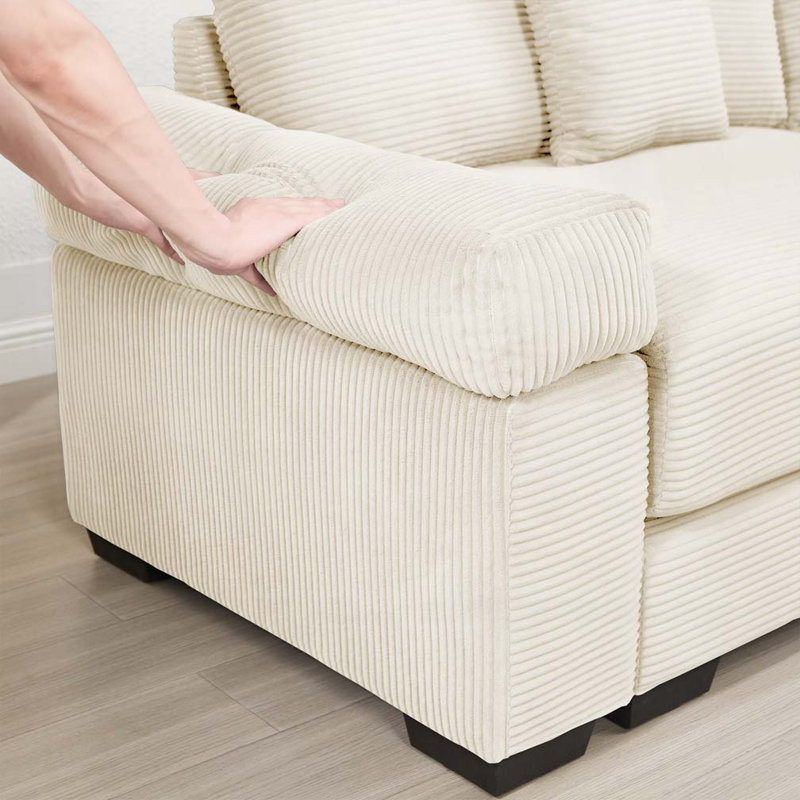 Canapé en velours côtelé 3 places avec 2 repose-pieds, Beige
