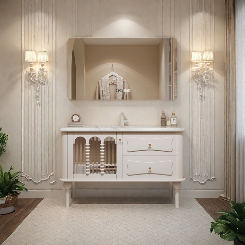 French minimalist cream-style bathroom cabinet, 47"