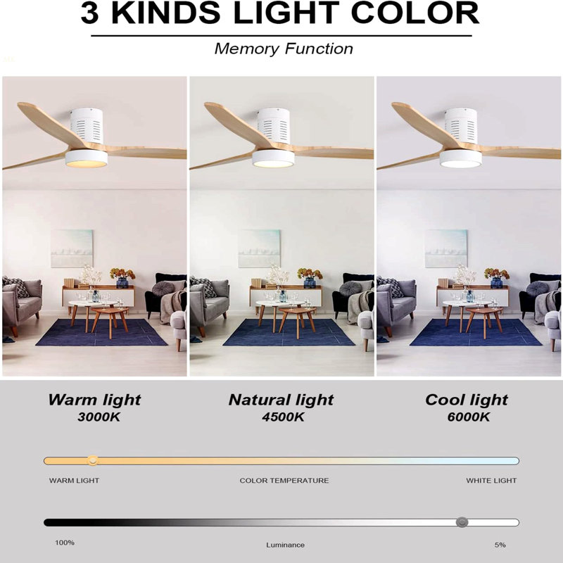 52 Inch Indoor Flush Mount Ceiling Fan With LED Light And Remote Control