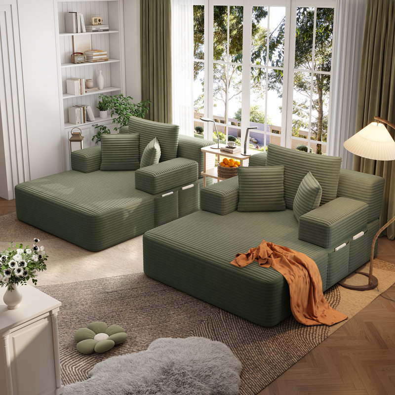 Ensemble 2 pièces de chaise longue en velours côtelé désossé, canapé-lit convertible avec poches latérales - aucun assemblage requis