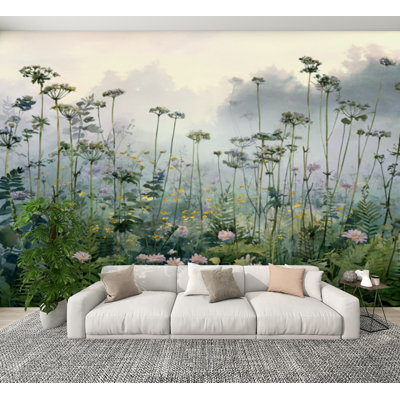 Papier peint pelez et collez, fleurs printanières, fleurs de fougères, campagne, H 100 po x l 144 po, papier peint amovible en PVC, adhésif mural pour chambre à coucher, bureau à domicile