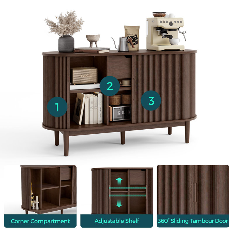  Leathia Kitchen Storage Cabinet with Sliding Tambour Doors and Adjustable Shelves , Sideboard with Rubber Wood Legs, Brown