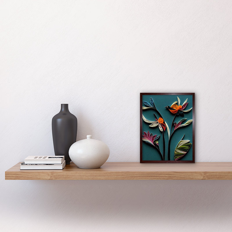 Modern Paper Quilling Bird Exotic Flower - Print, Brown Framed Unframed, 25.9cm H x 20.6cm W x 1.5cm D