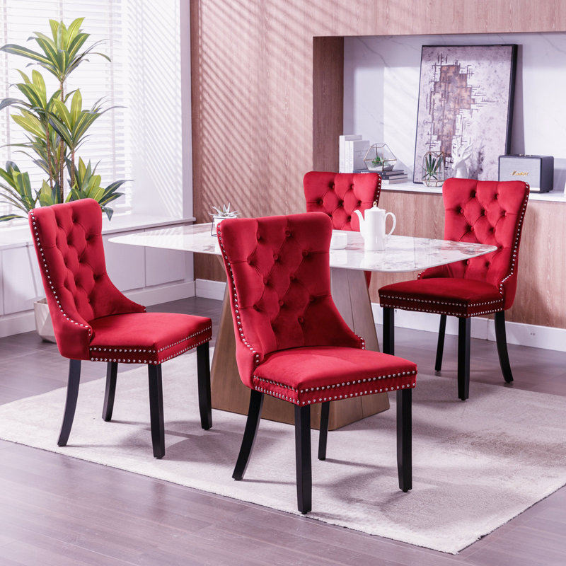 Allena Tufted Chairs Upholstered Chairs with Solid Wood Frame Nailhead Back and Ring Pull Trim , Velvet Wine Red, Black, 2
