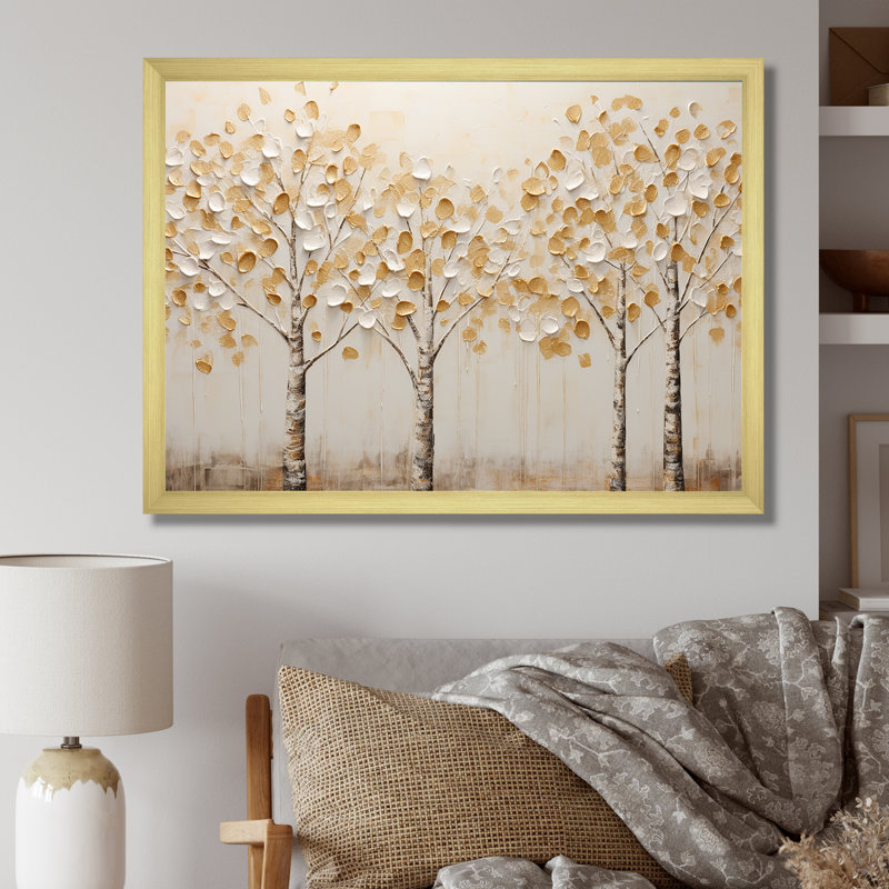 Harmonie d'arbres beiges - art mural arbres, H 16 po x l 32 po x P 1 po, Cadre doré simple
