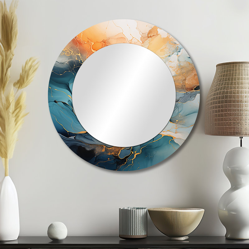 Teal Orange Bold Abstract Flow Collage II - Dams Wall Mirror, Modern Round Decorative Mirror, Printed Metal Art, 23" x 23"