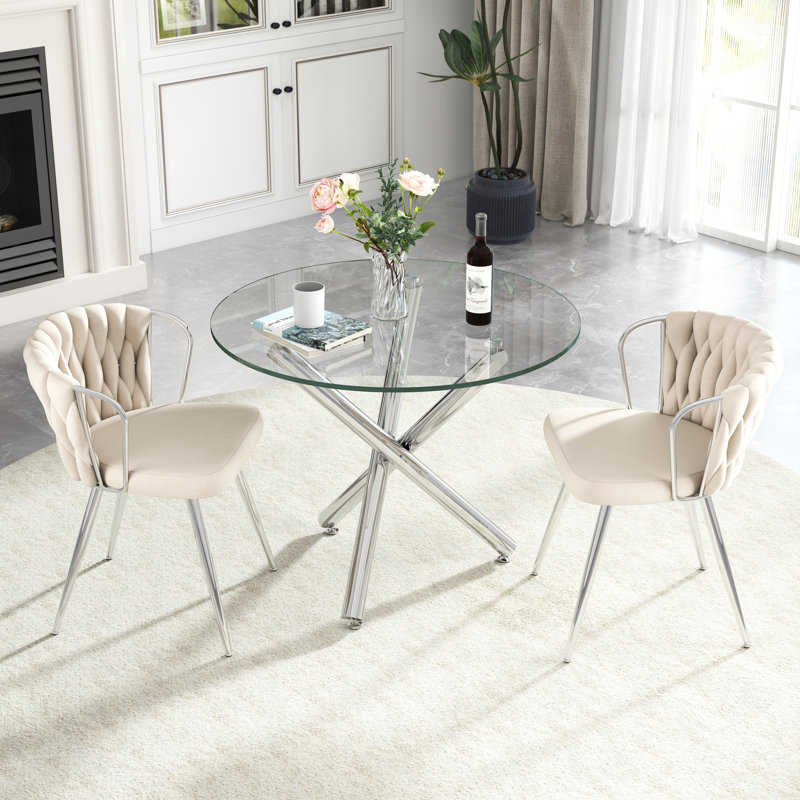 Elegant Round Glass Dining Table Set, Beige, 3 Pieces: Table, 2 Chairs, Silver