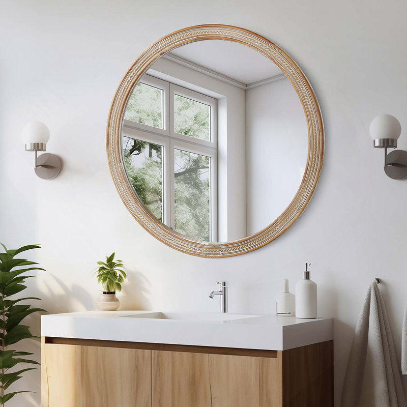 Miroir mural rond rond avec cadre tissé texturé en rotin, décor rustique moderne pour la salle de bain et le salon, conception murale facile