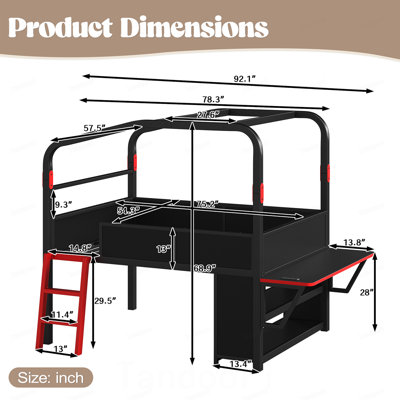 Lit mezzanine double pleine grandeur avec bureau latéral et ports USB, lit mezzanine en métal de style jeu avec lumières à DEL, armoires de rangement et auvent chic