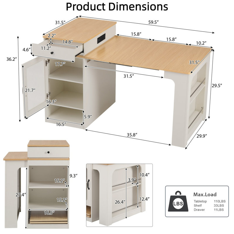 59.5" Kitchen Island With Extendable Dining Table - Double-sided Storage, 2 Drawers, Power Outlet & Side Open Shelves, White - Kitchen Dining Room Furniture