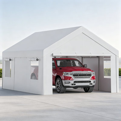 12×20FT Heavy Duty Portable Carport Garage Shelter – All-Weather PE Tarp, 4 Roll-Up Doors, Mesh Windows, Removable Sidewalls – Outdoor Storage for Cars, Trucks, Boats – White