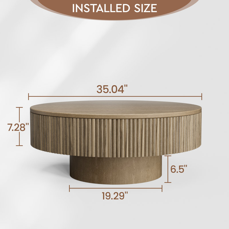 35" & 31" Round Handcrafted Coffee Table – Solid Wood Fluted Design, 13.78" H x 35.04" L x 35.04" W, Natural