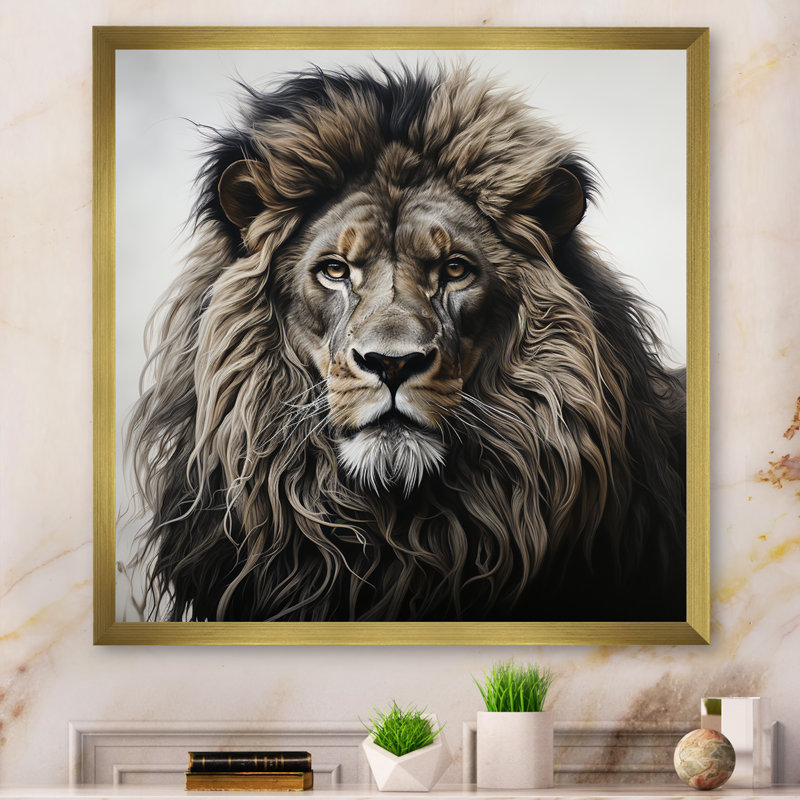Décoration murale majestueuse lion I - lion animal, Encadrement doré, H 36 po x l 36 po x P 1,5 po