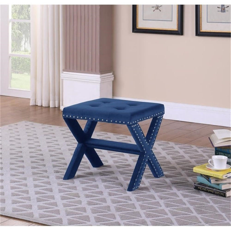 Velvet Upholstered Accent Bench With Nailhead Trim, Blue