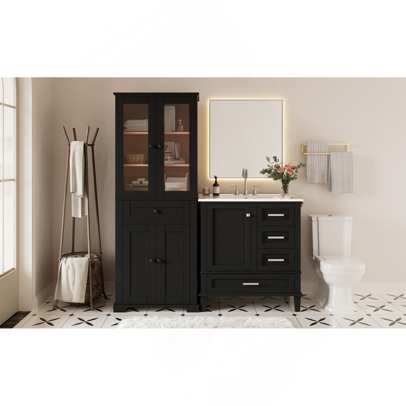 Ensemble de meuble-lavabo de 67,57 po de hauteur et meuble-lavabo de 30 po avec lavabo, ensemble d'armoires modernes autoportantes avec portes en verre, rangement de tiroir, tablettes réglables et conception à fermeture en douceur