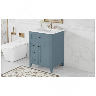 Meuble-lavabo gris 24 po avec lavabo, panneau de fibres à densité moyenne et bois d'hévéa, 3 tiroirs et armoire avec tablettes réglables, conception moderne pour les petites et moyennes salles de bain