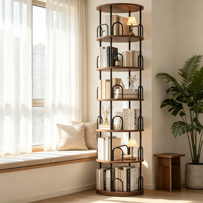 Étagère à livres rotative à six niveaux, étagère haute en bois avec cadre en métal, présentoir à livres de style maison de campagne moderne pour la maison, le bureau et la chambre d'enfant