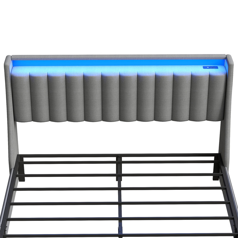 Structure de lit en métal pour grand lit avec lumières DEL RVB et station de charge, 2 tiroirs et tête de rangement, gris
