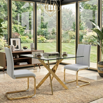Minimalist Upholstered Dining Room Set, Cantilever Sled Base Chairs & Glass Table